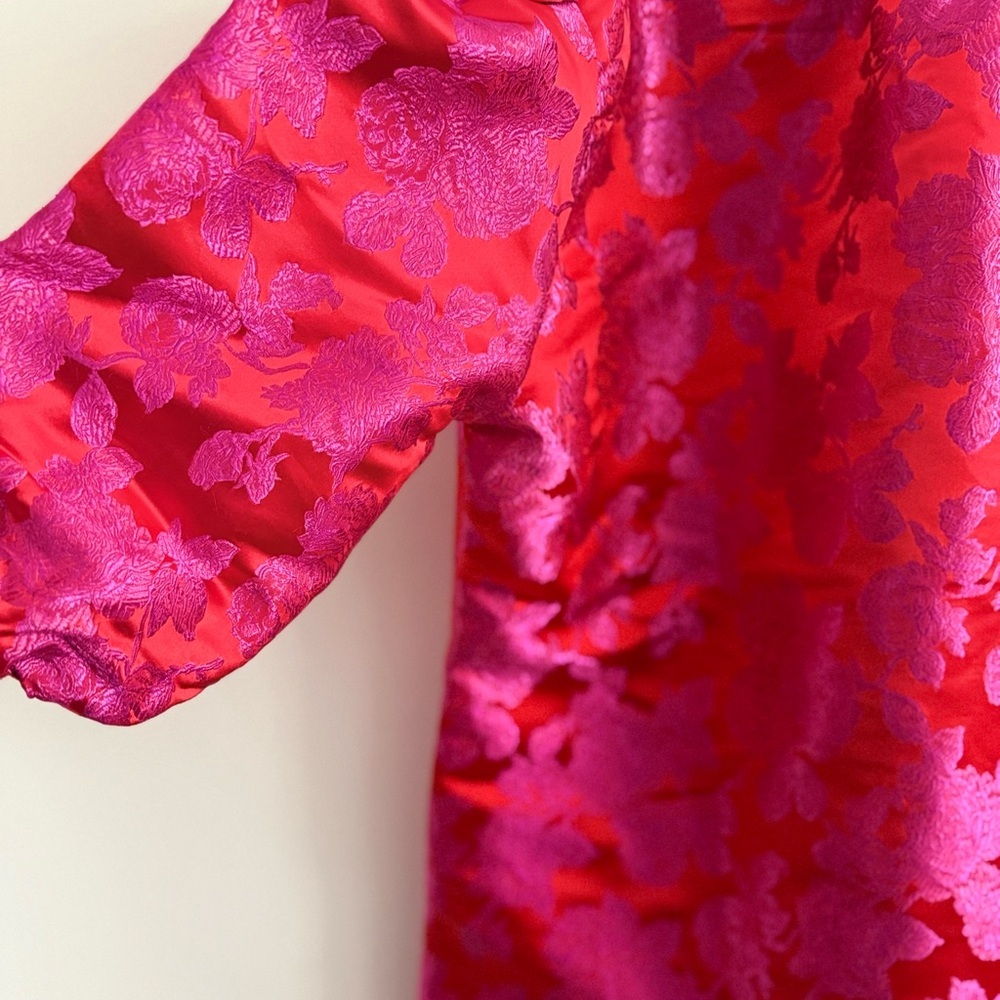 CARYN LAWN Asher Floral Jacquard Puff Sleeve Mini Dress Metallic Red Pink OS - Picture 15 of 15